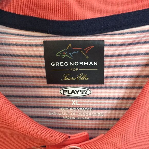 Greg Norman for Tasso Elba Polo Golf Shirt Men's XL Play Dry Salmon Striped - Picture 4 of 12